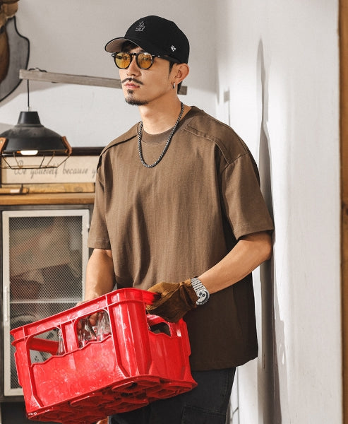 Shoulder Splice Panel Loose Tee in Brown