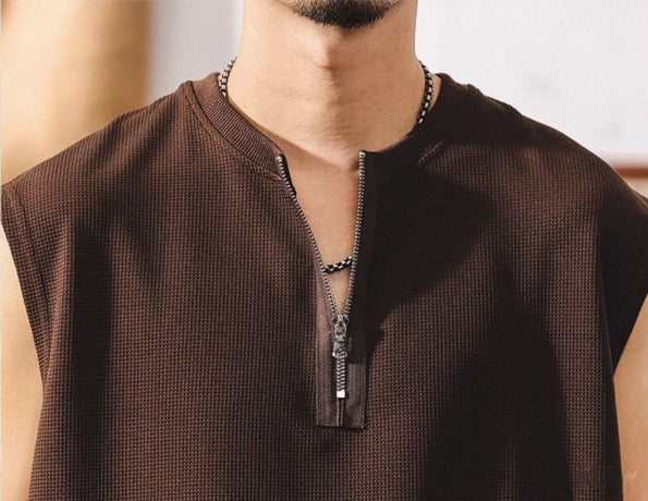 Waffle Grid Zip T-Shirt Vest in Brown