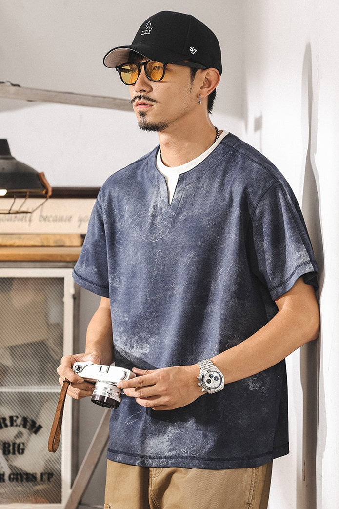 Split Neck Tie-Dye Tee in Ash Grey