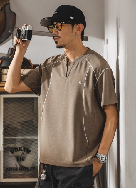 Contrast-Cuff Crew Tee with Designer Seam Detail