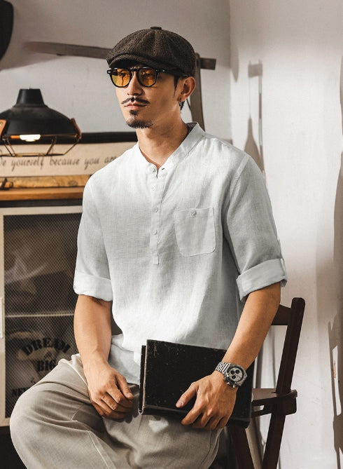 Flax Linen Stand Collar Kurta in Ivory White