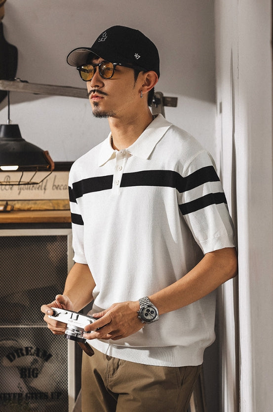 Varsity Stripe Knit Polo in Black