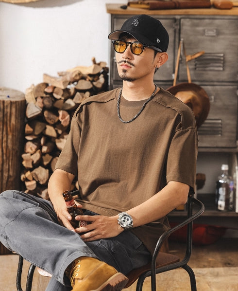 Shoulder Splice Panel Loose Tee in Brown