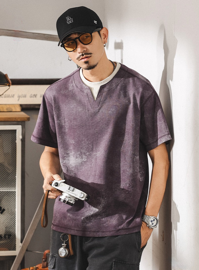 Split Neck Tie-Dye Tee in Dusty Plum Wash