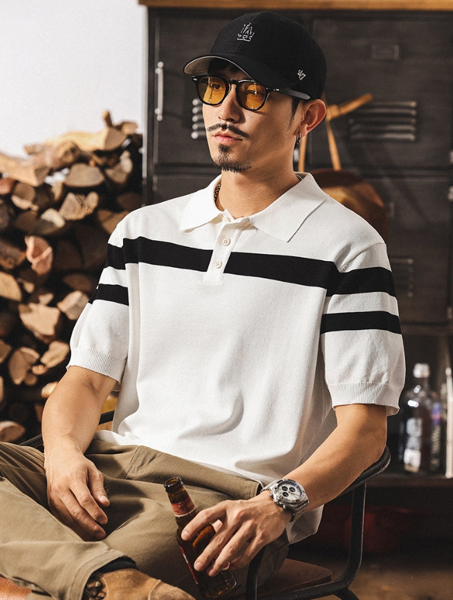 Varsity Stripe Knit Polo in Black