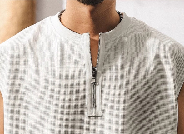 Waffle Grid Zip T-Shirt Vest in White