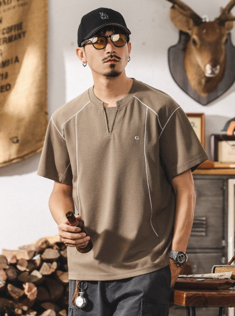 Contrast-Cuff Crew Tee with Designer Seam Detail