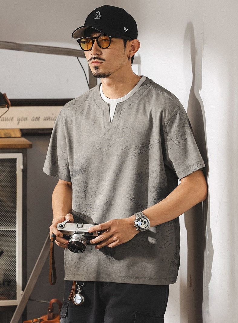 Split Neck Tie-Dye Tee in Classic Blue