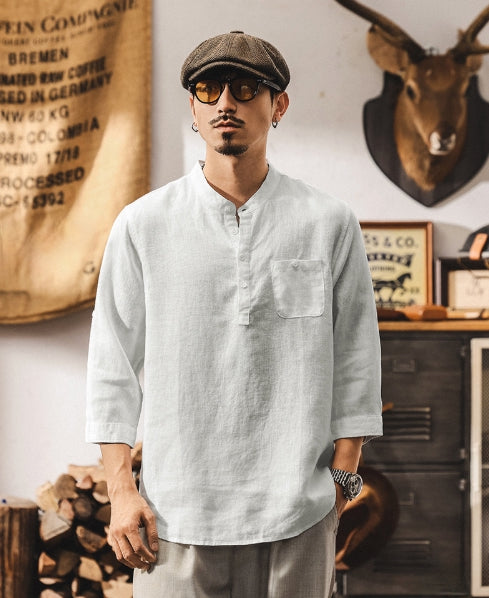 Flax Linen Stand Collar Kurta in Ivory White