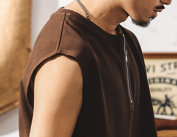 Waffle Grid Zip T-Shirt Vest in Brown