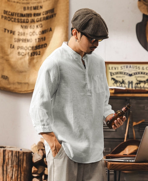 Flax Linen Stand Collar Kurta in Ivory White