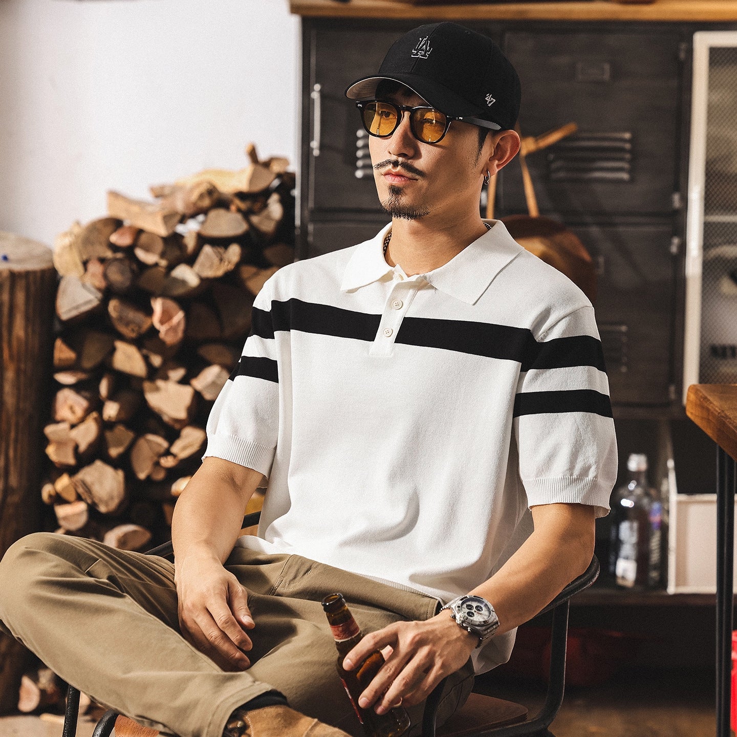 Varsity Stripe Knit Polo in Black