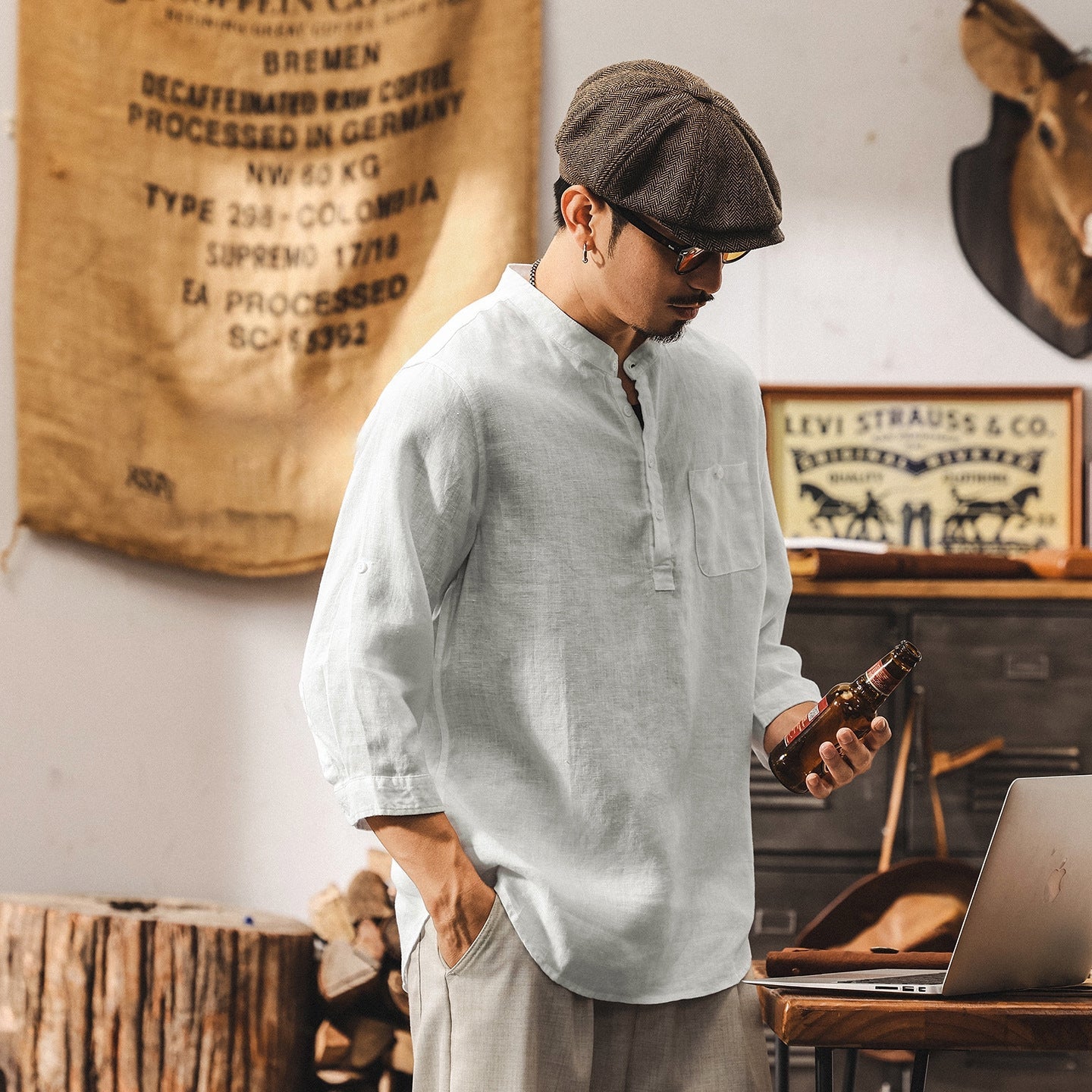 Flax Linen Stand Collar Kurta in Ivory White