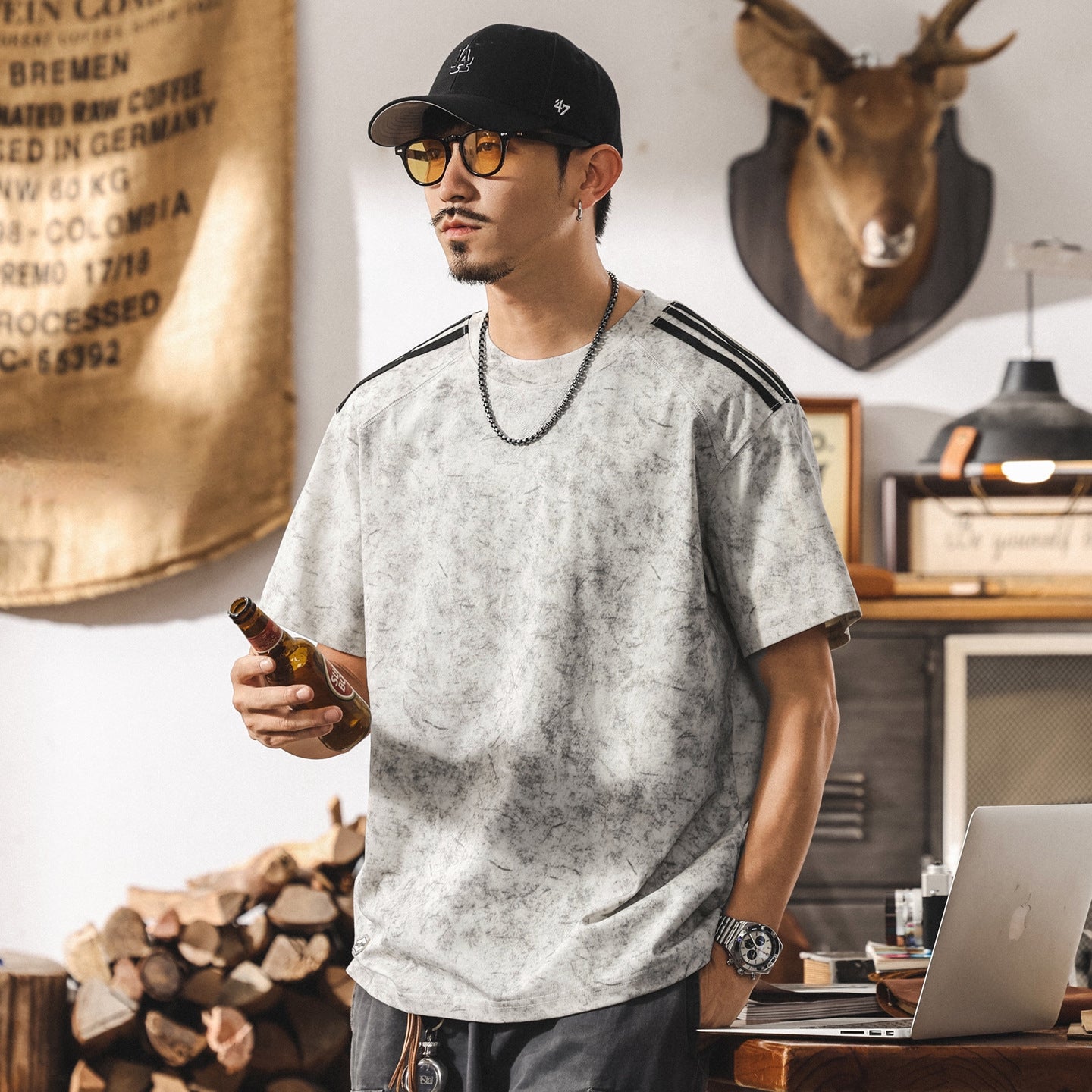 Paneled Henley Tee in Chalk White