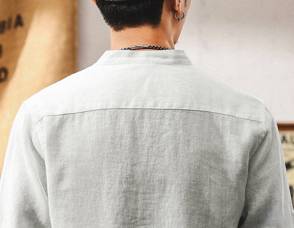 Flax Linen Stand Collar Kurta in Ivory White