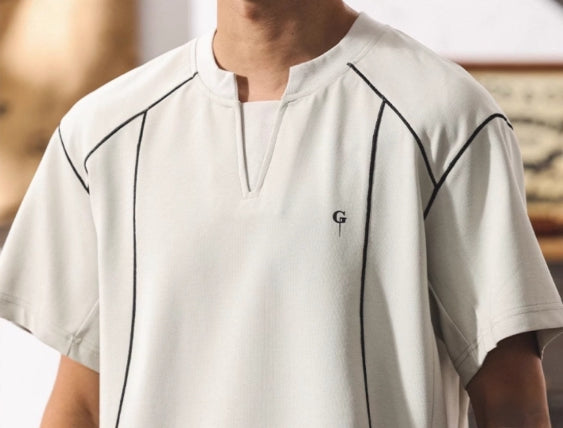 Contrast-Cuff Crew Tee with Designer Seam Detail