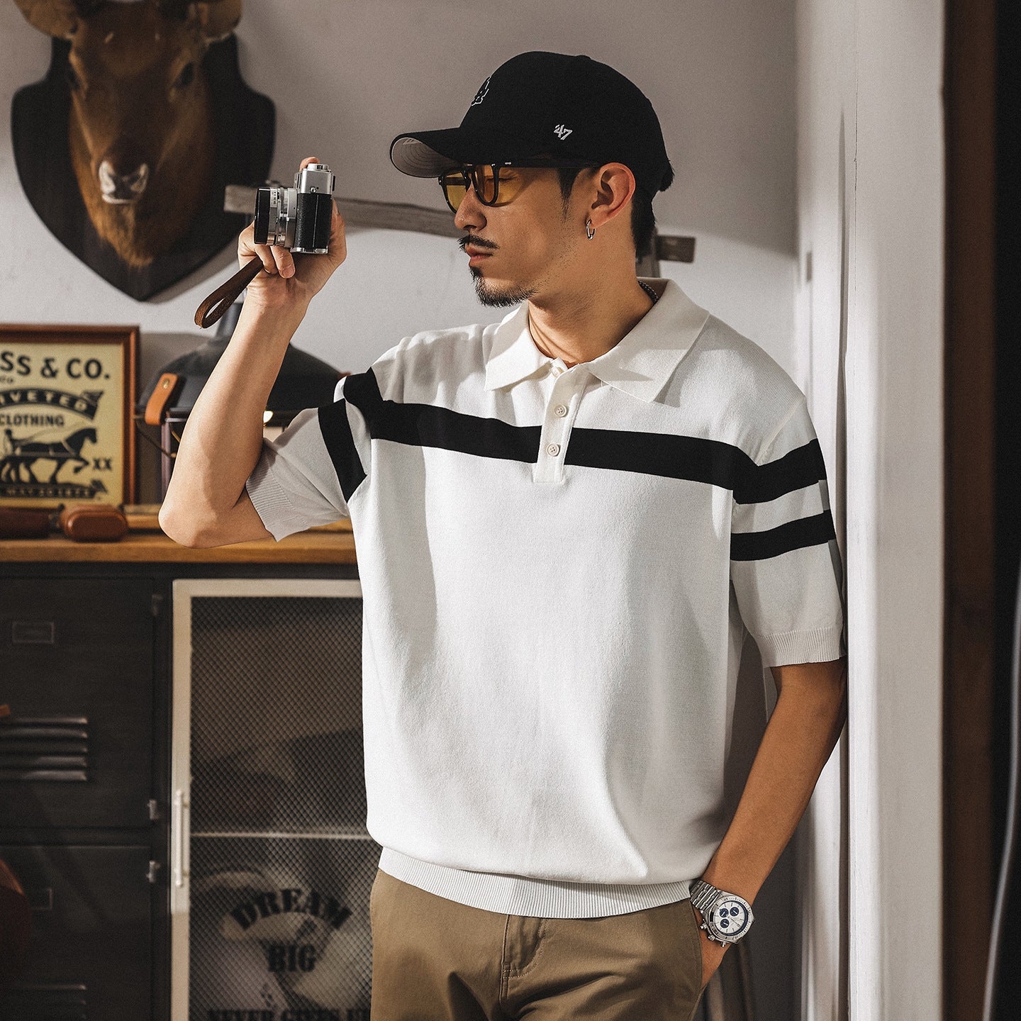 Varsity Stripe Knit Polo in Black