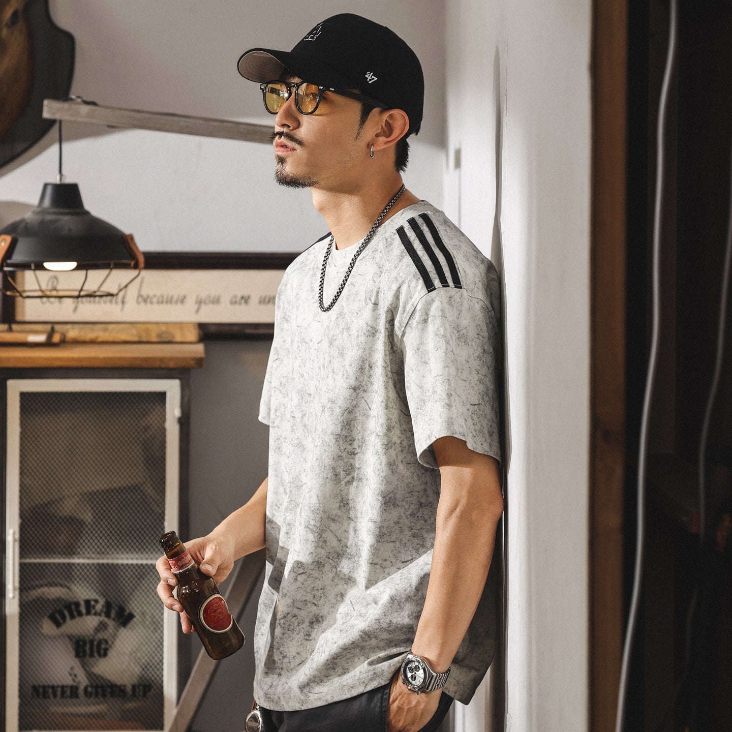 Paneled Henley Tee in Chalk White