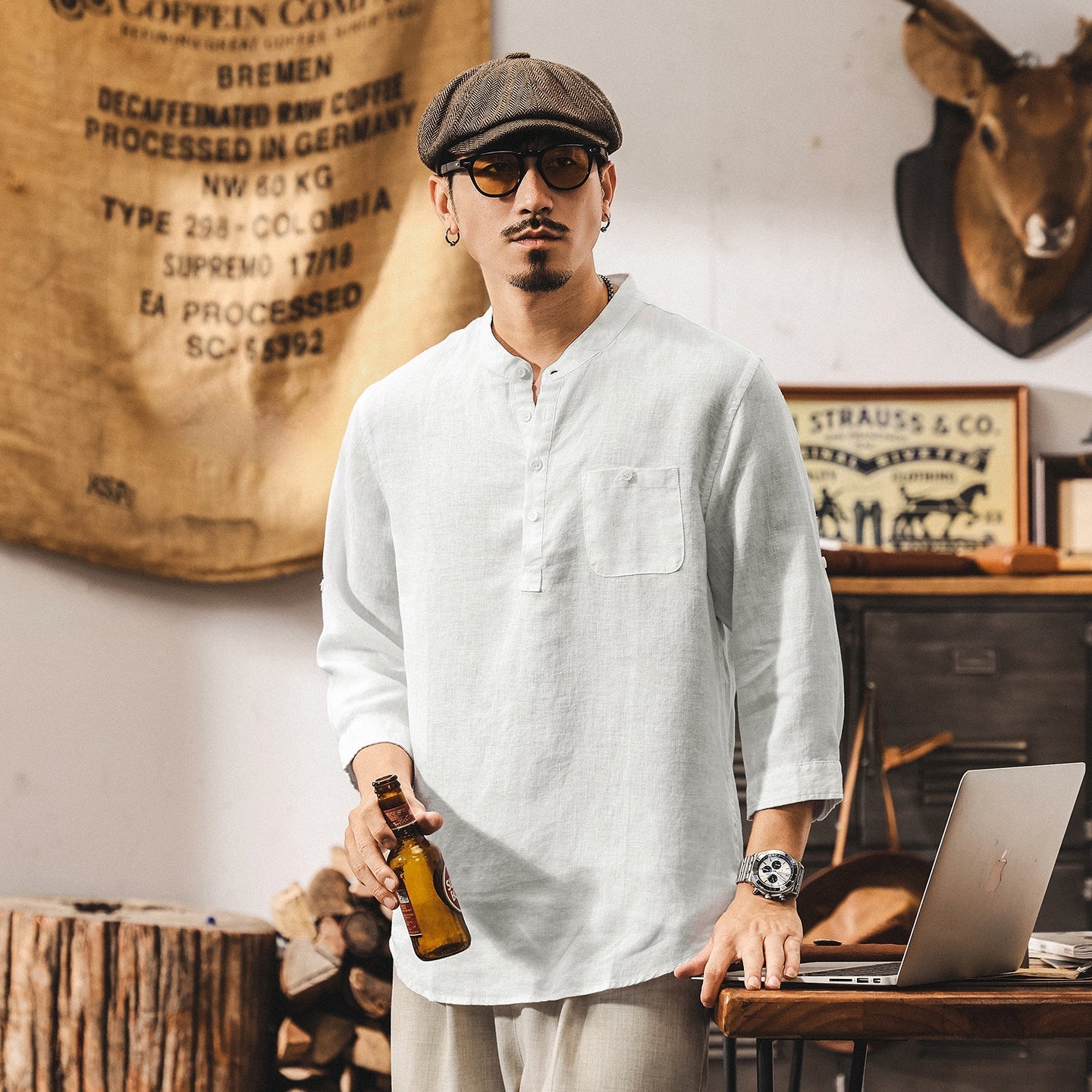 Flax Linen Stand Collar Kurta in Ivory White