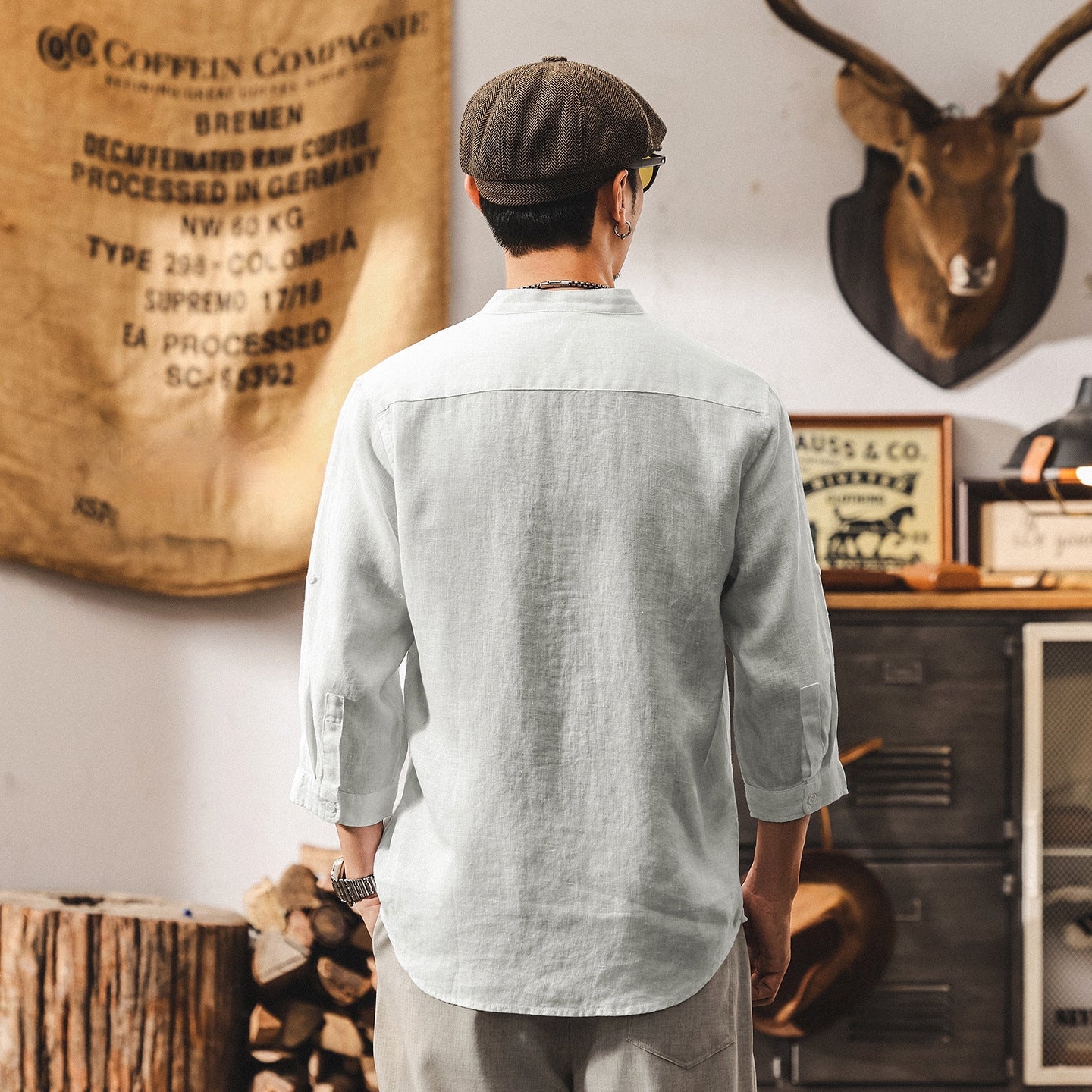 Flax Linen Stand Collar Kurta in Ivory White