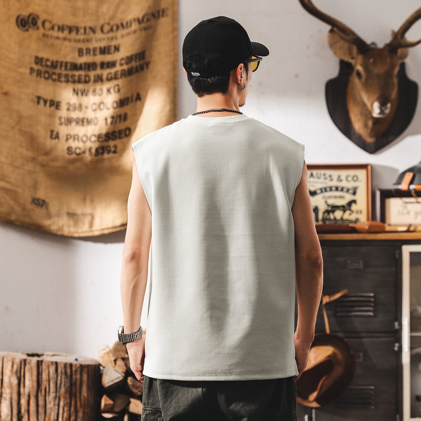 Waffle Grid Zip T-Shirt Vest in White