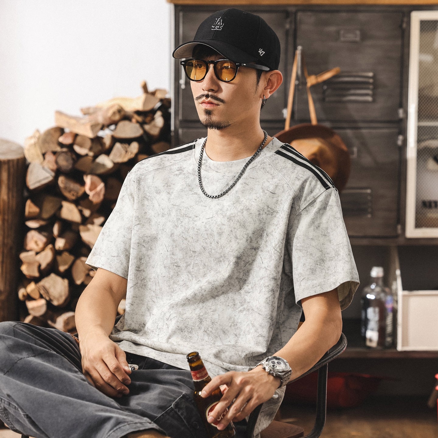 Paneled Henley Tee in Chalk White