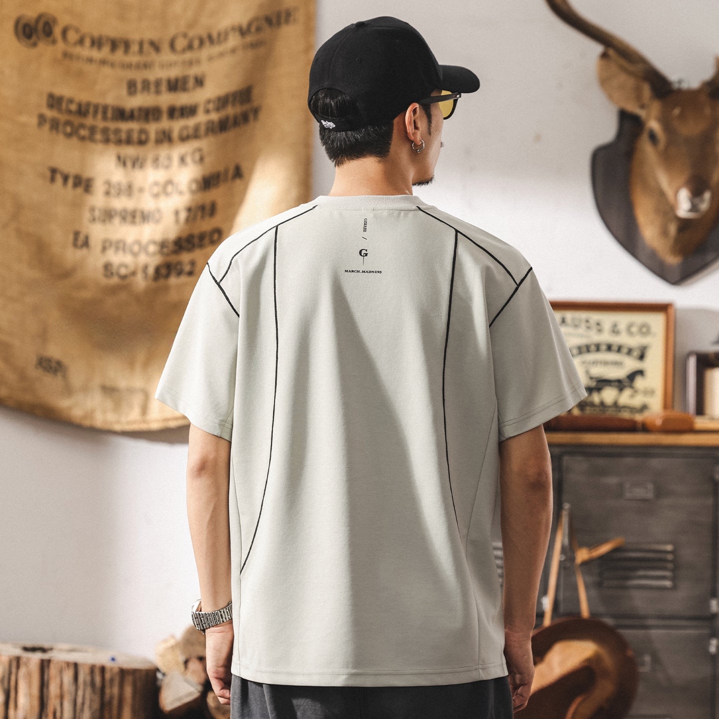 Contrast-Cuff Crew Tee with Designer Seam Detail