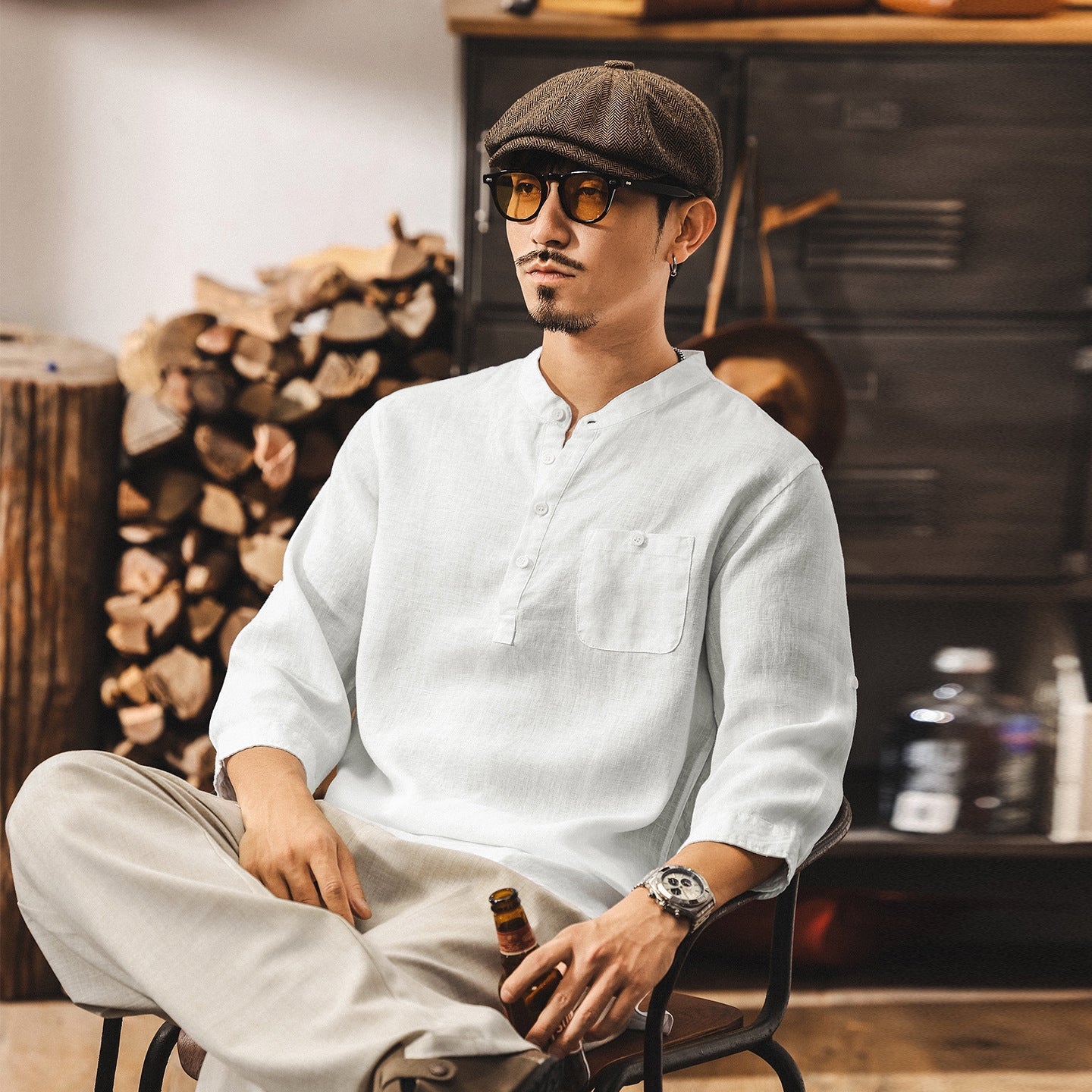 Flax Linen Stand Collar Kurta in Ivory White