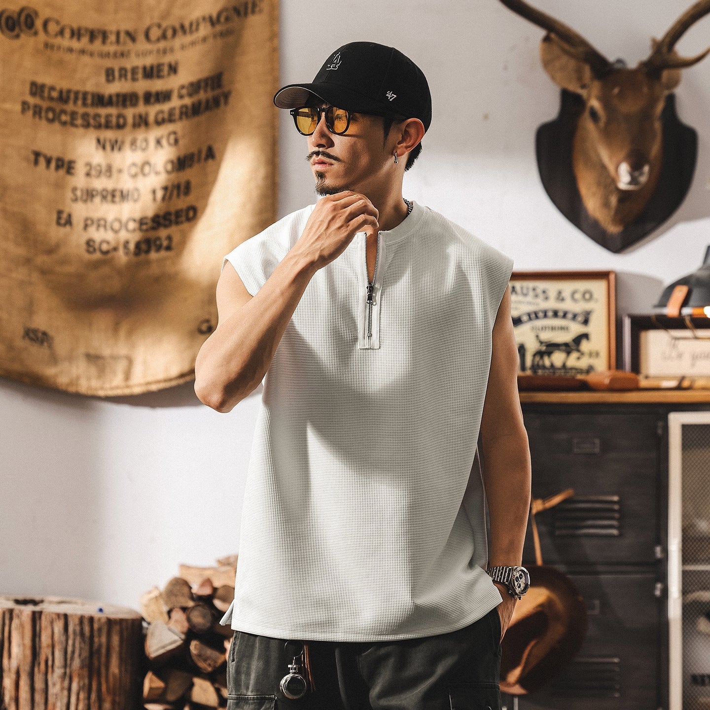 Waffle Grid Zip T-Shirt Vest in White