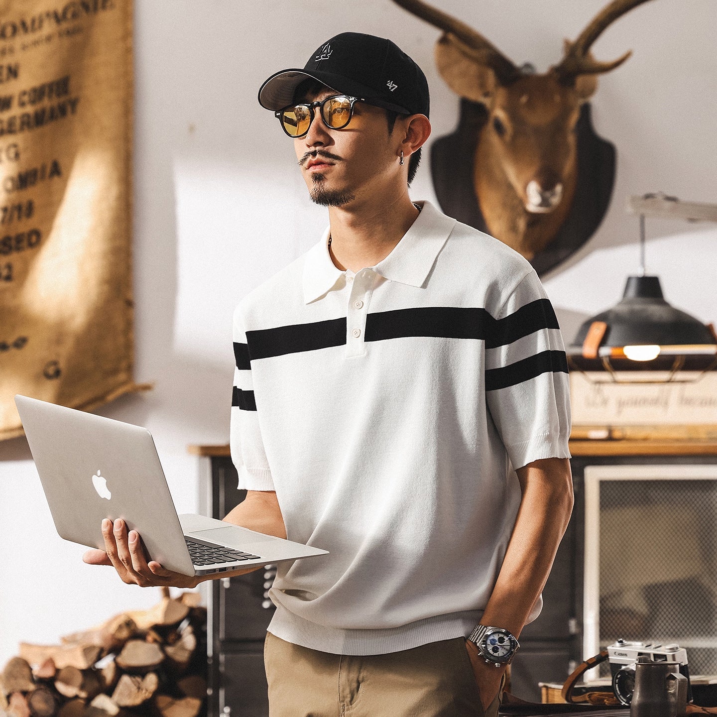 Varsity Stripe Knit Polo in Black