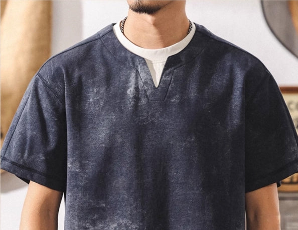 Split Neck Tie-Dye Tee in Ash Grey