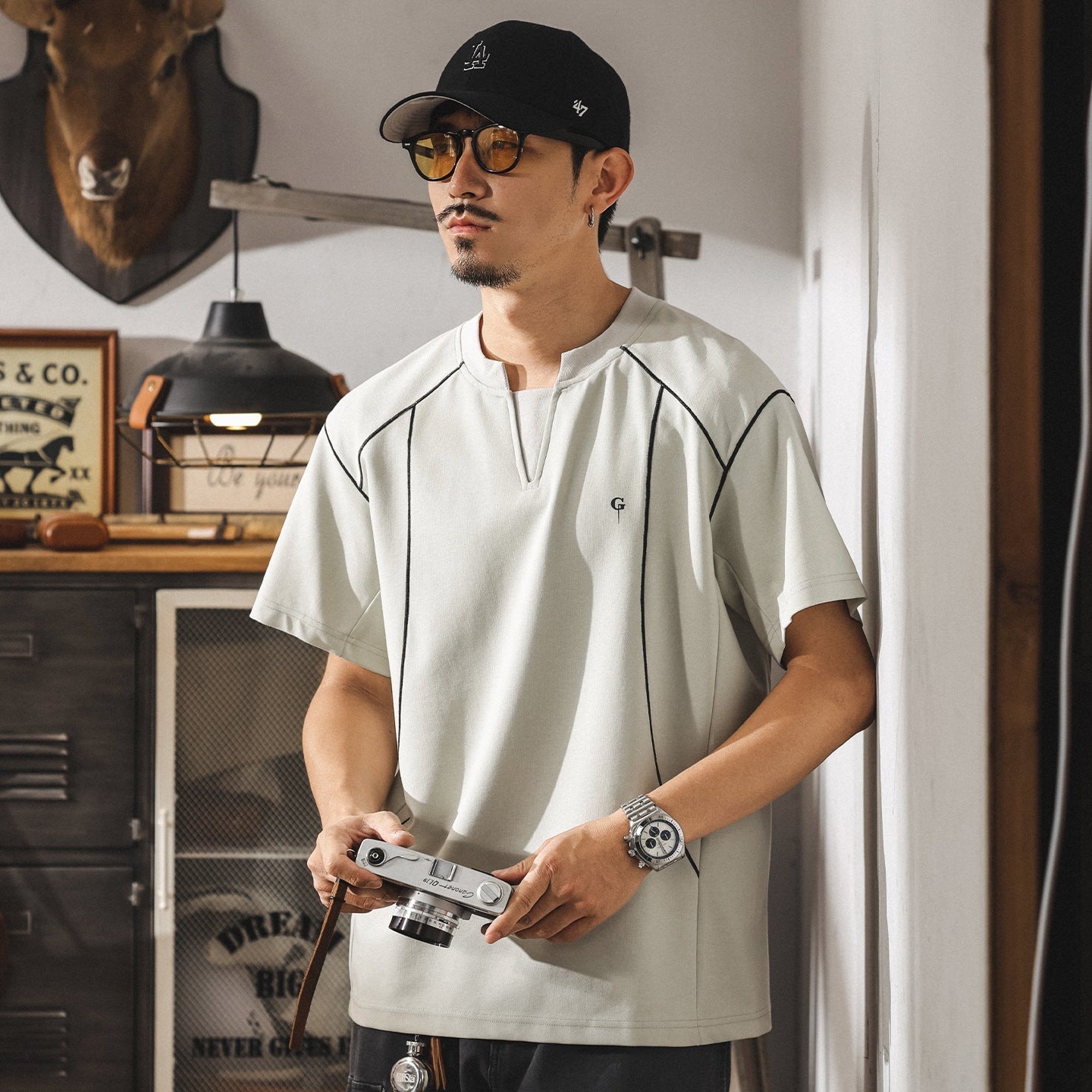 Contrast-Cuff Crew Tee with Designer Seam Detail