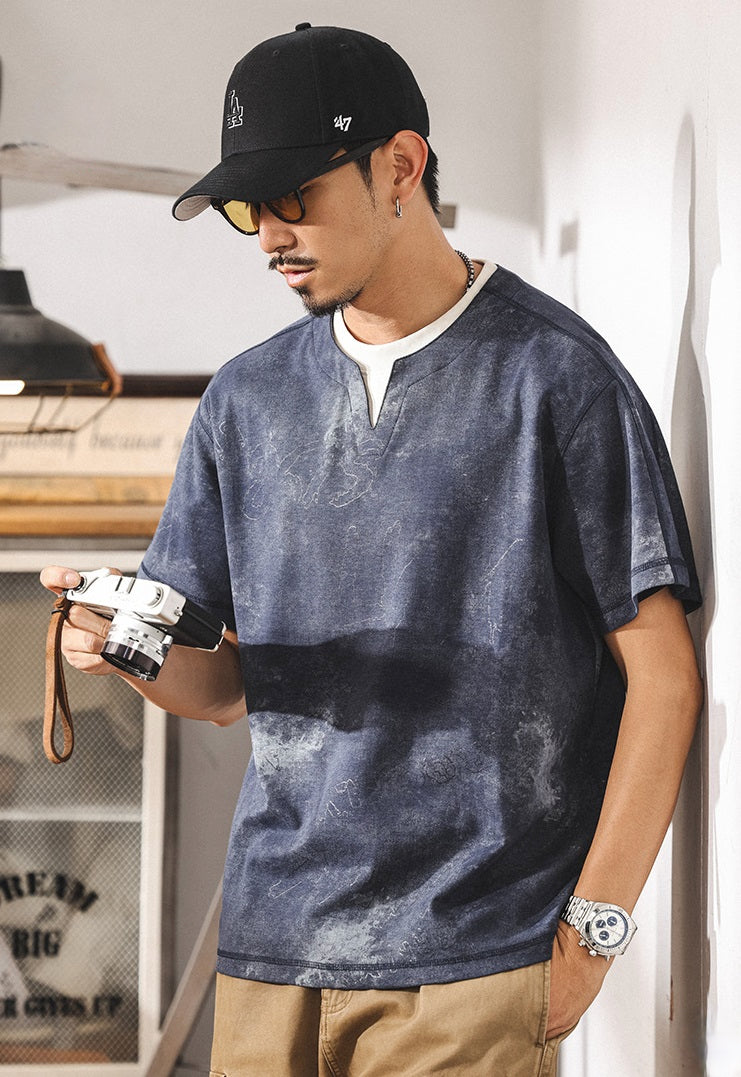 Split Neck Tie-Dye Tee in Ash Grey