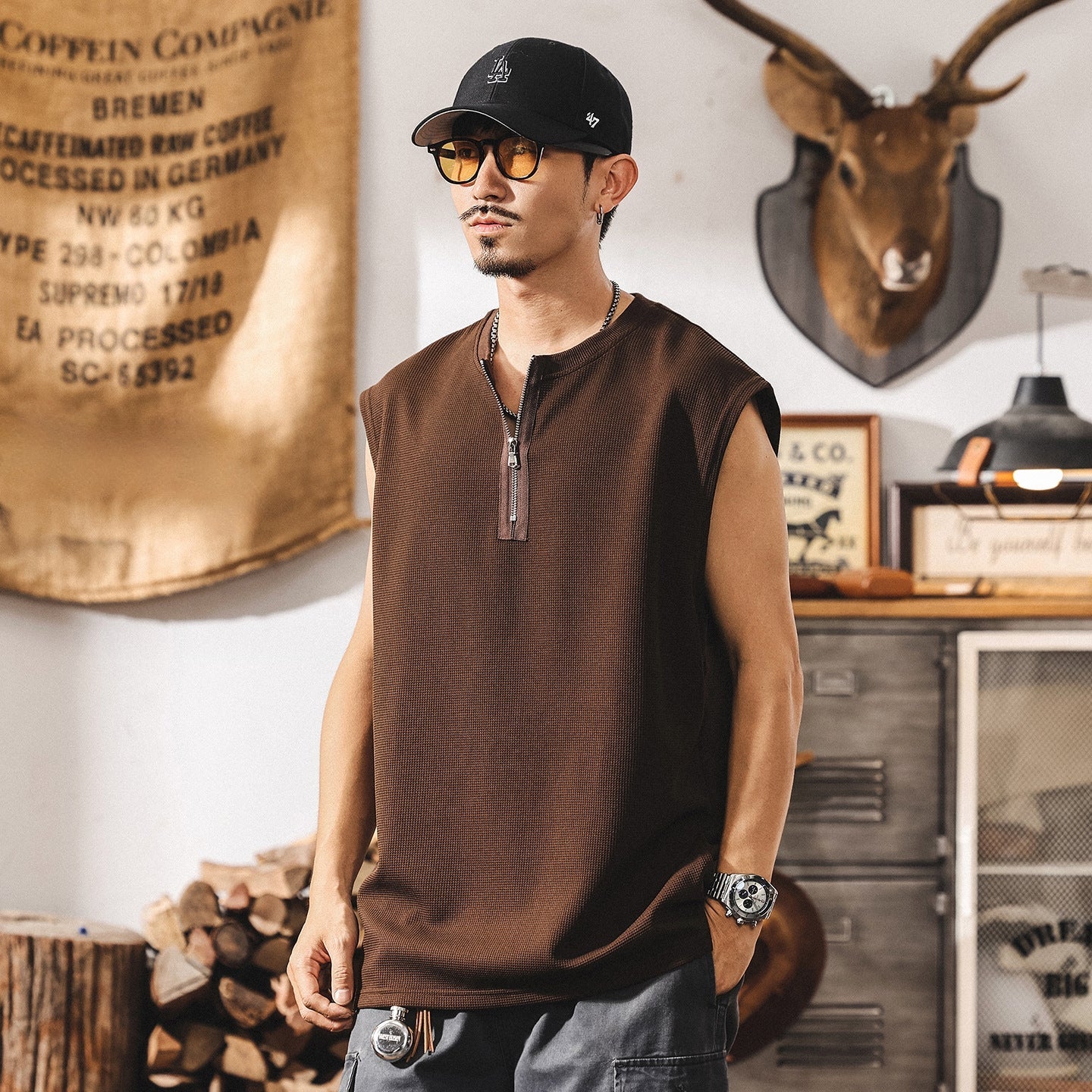 Waffle Grid Zip T-Shirt Vest in Brown