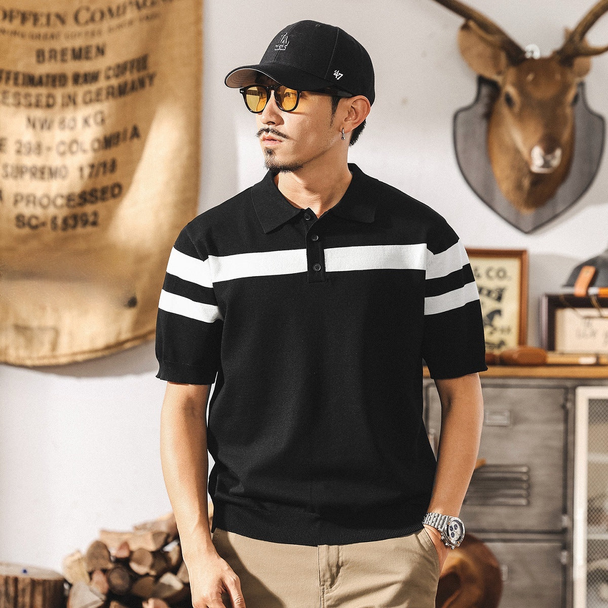 Varsity Stripe Knit Polo in White