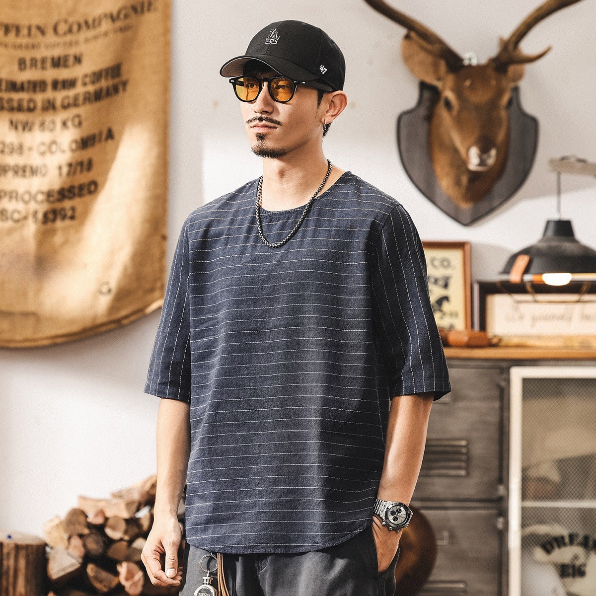 Textured Stitch Crew Tee in Navy Blue