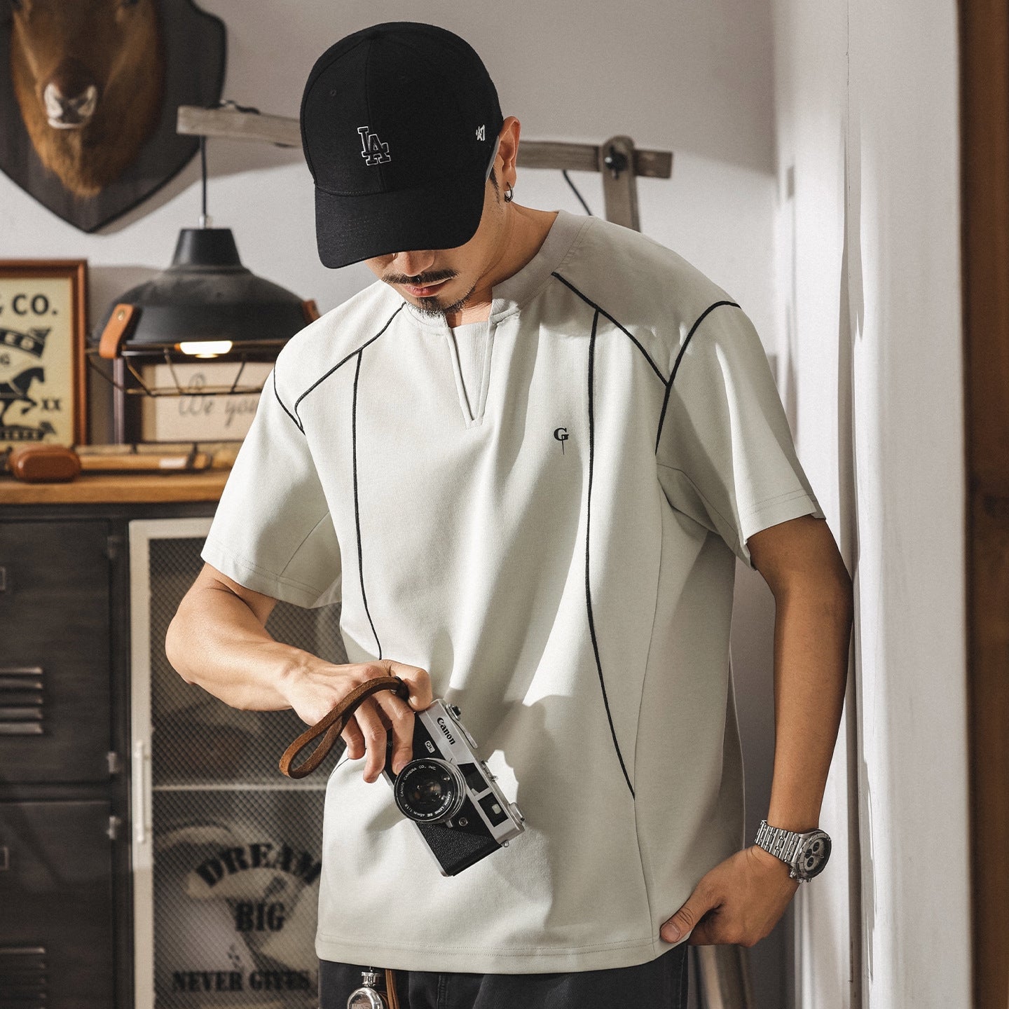 Contrast-Cuff Crew Tee with Designer Seam Detail