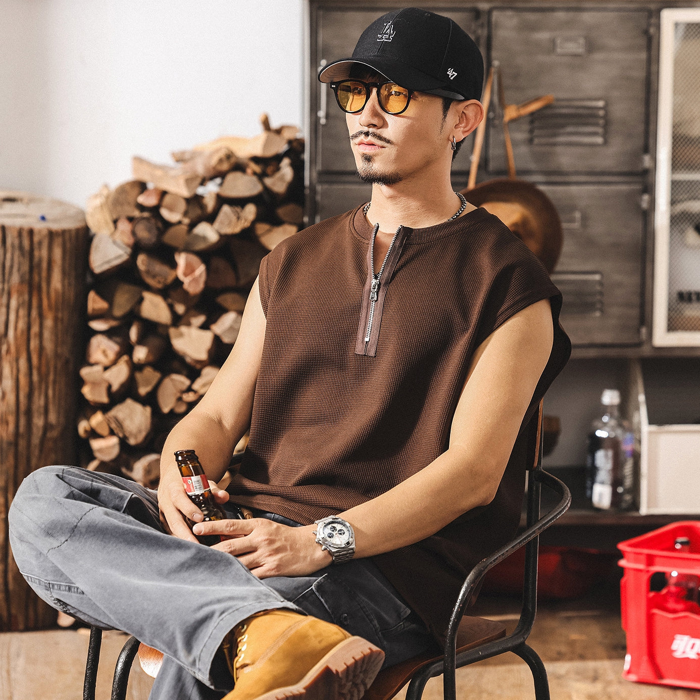 Waffle Grid Zip T-Shirt Vest in Brown