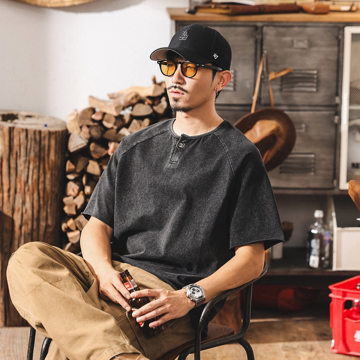 Urban Drift Henley Tee With Raglan Sleeves