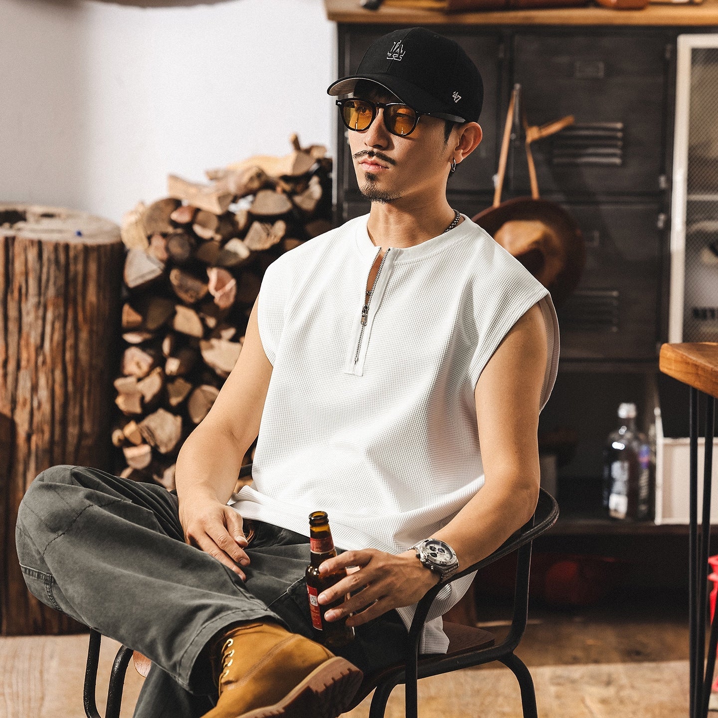 Waffle Grid Zip T-Shirt Vest in White