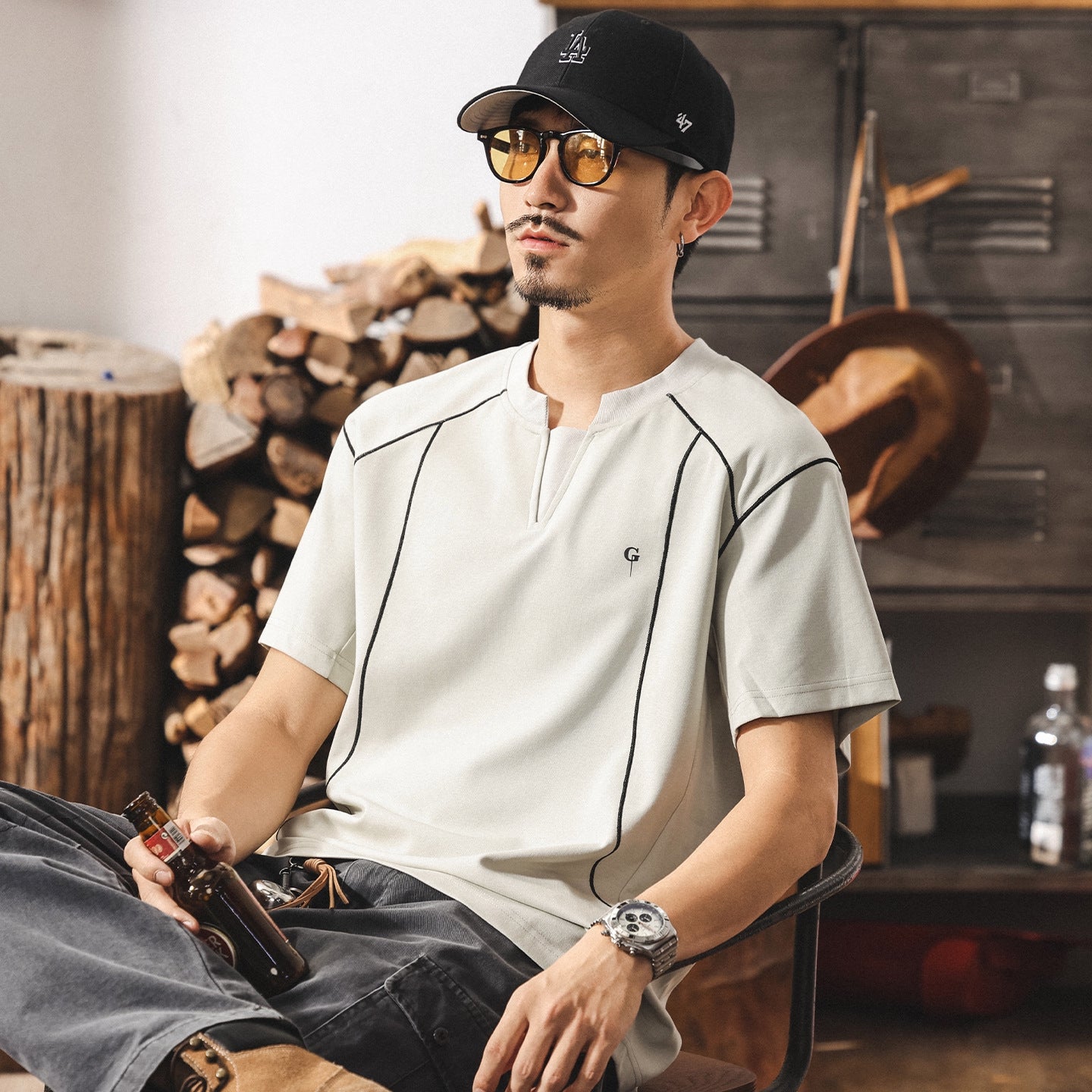 Contrast-Cuff Crew Tee with Designer Seam Detail