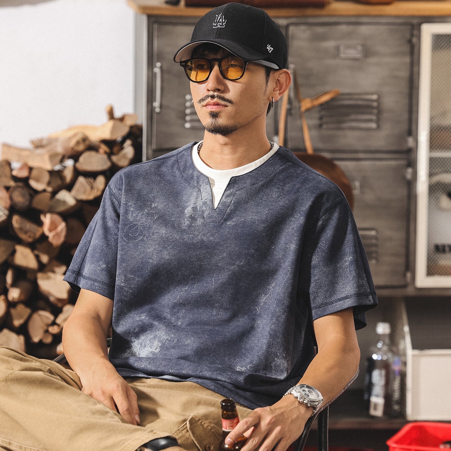 Split Neck Tie-Dye Tee in Ash Grey