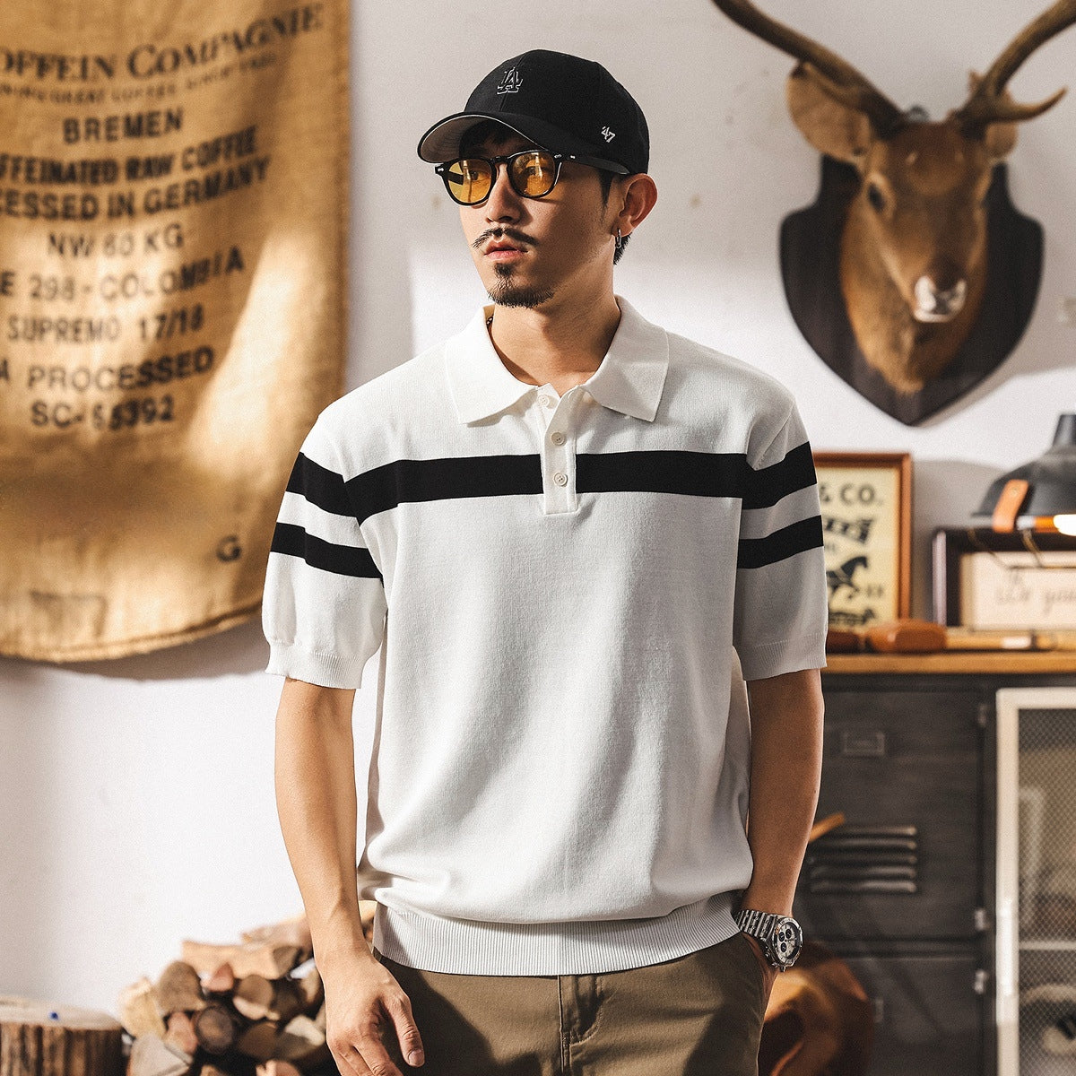Varsity Stripe Knit Polo in Black