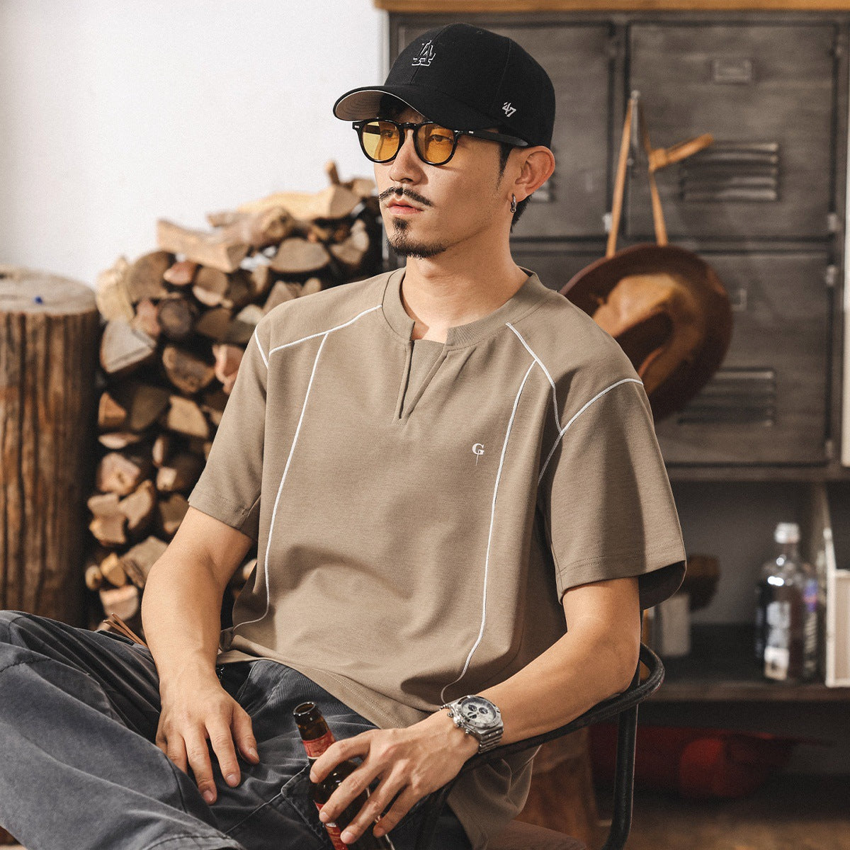 Contrast-Cuff Crew Tee with Designer Seam Detail