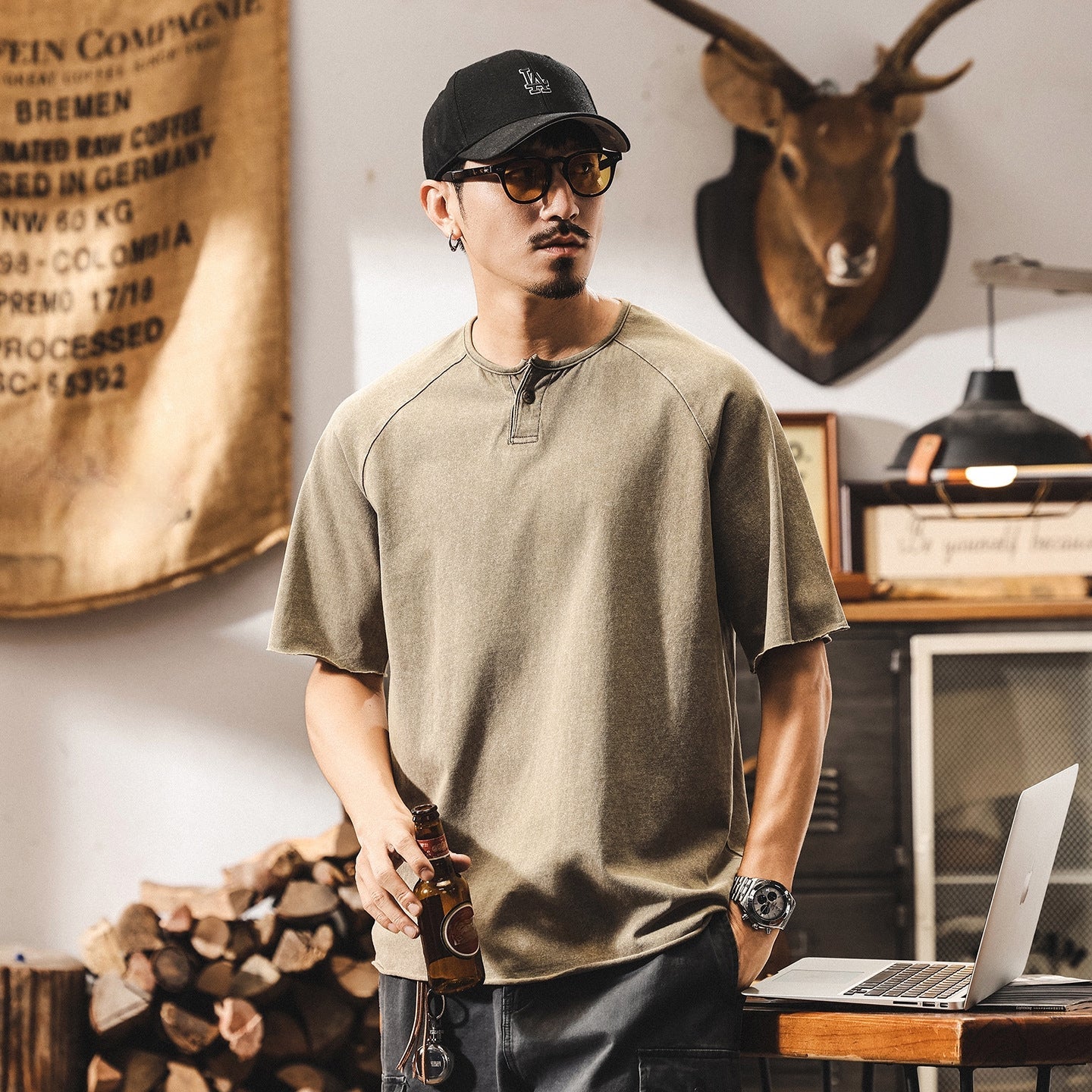 Urban Drift Henley Tee With Raglan Sleeves