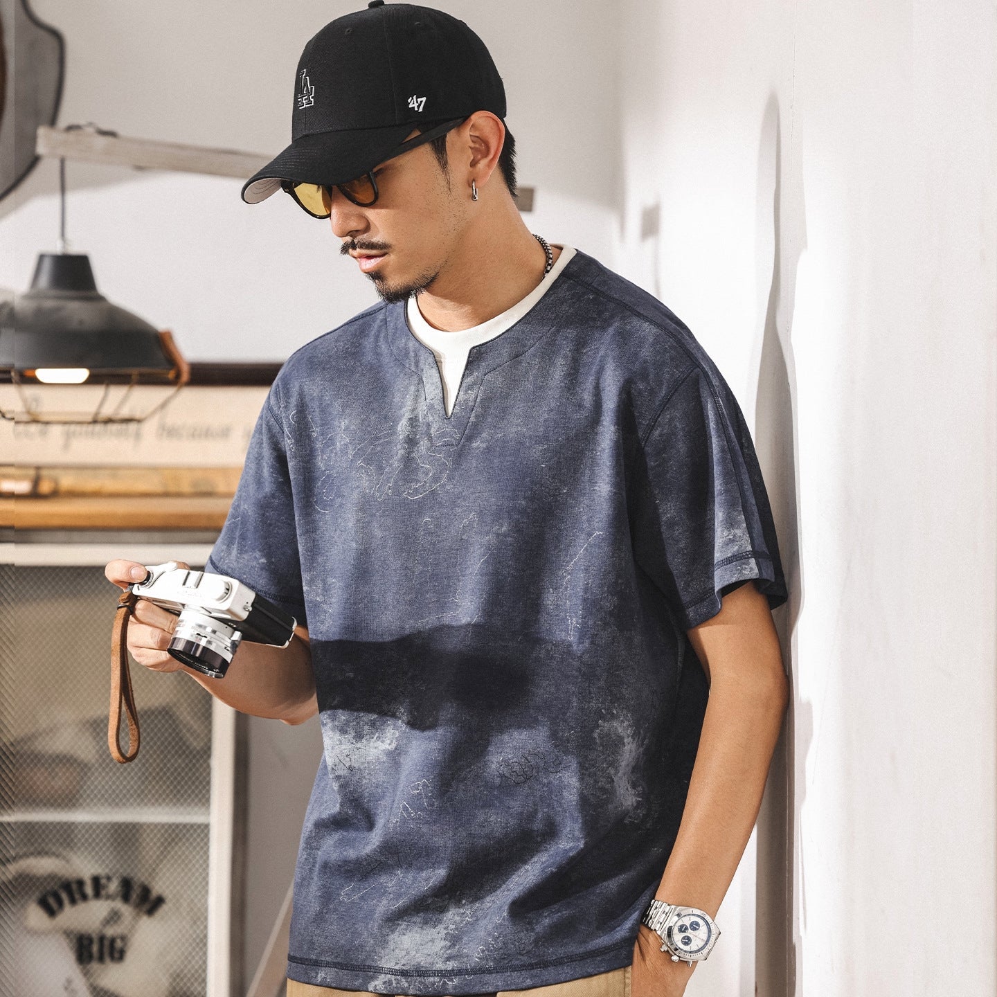 Split Neck Tie-Dye Tee in Ash Grey