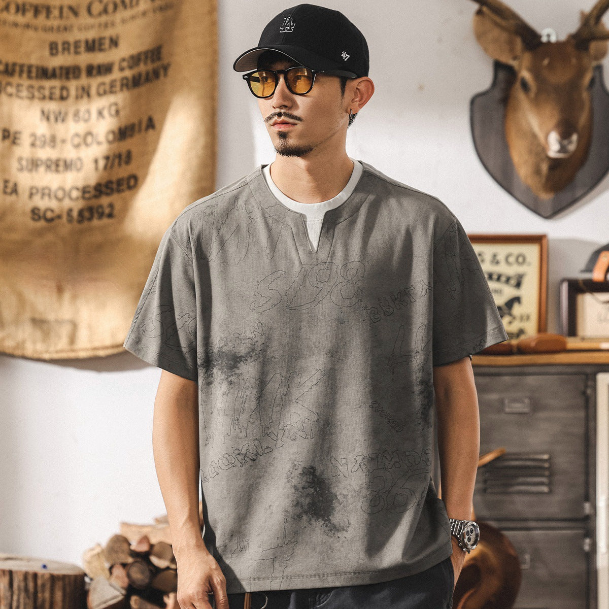 Split Neck Tie-Dye Tee in Classic Blue