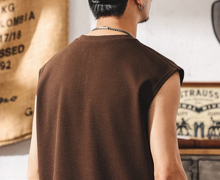 Waffle Grid Zip T-Shirt Vest in Brown