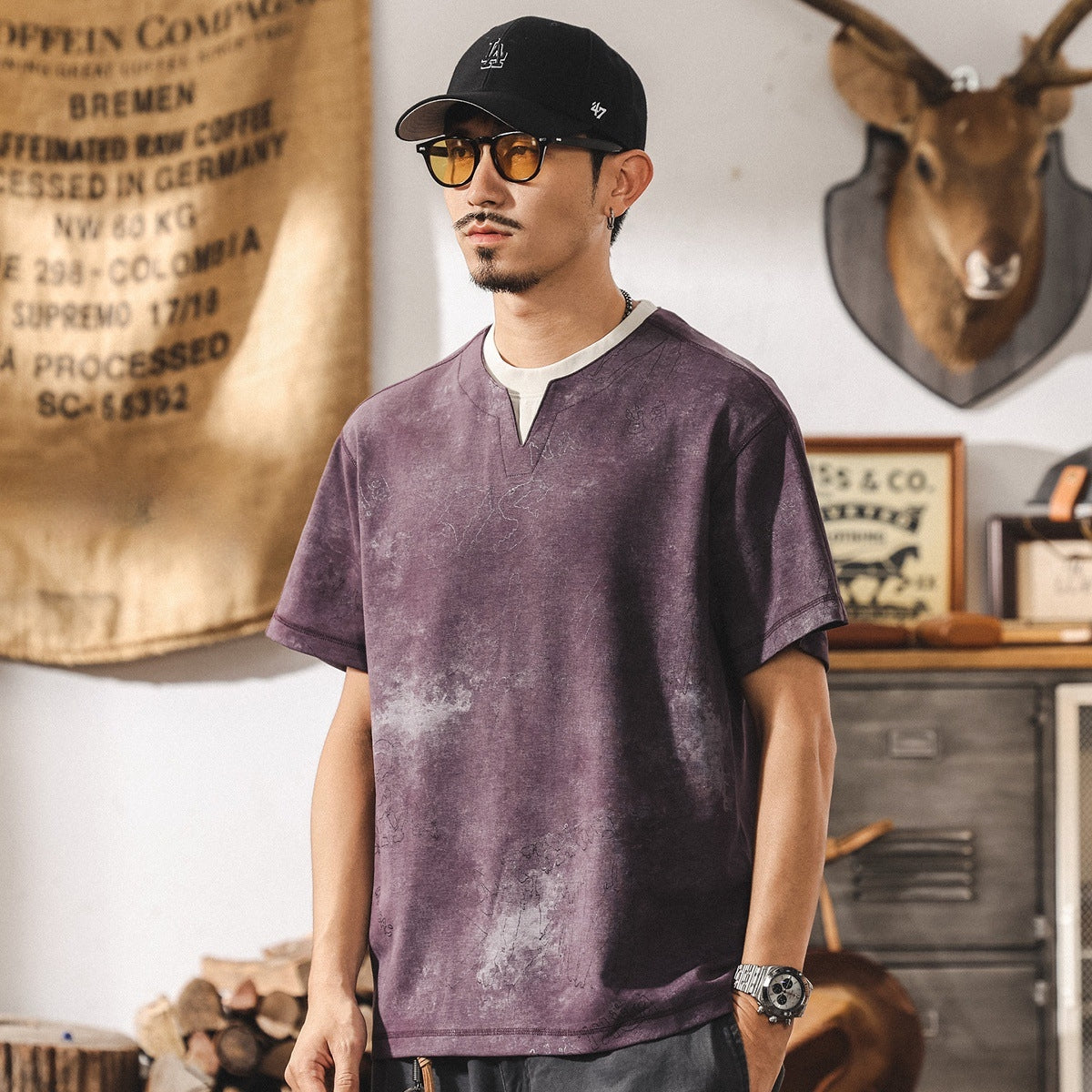 Split Neck Tie-Dye Tee in Dusty Plum Wash