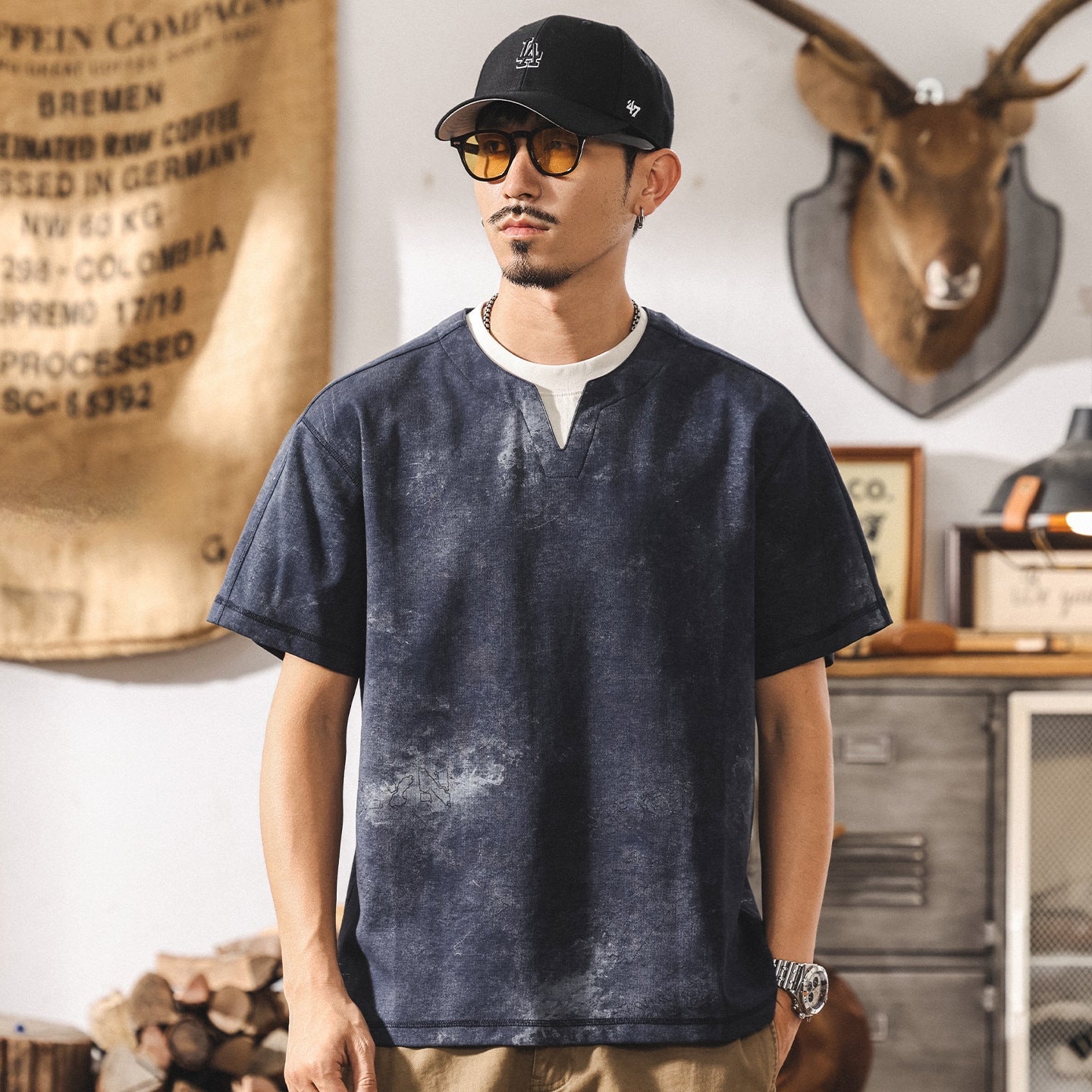 Split Neck Tie-Dye Tee in Ash Grey